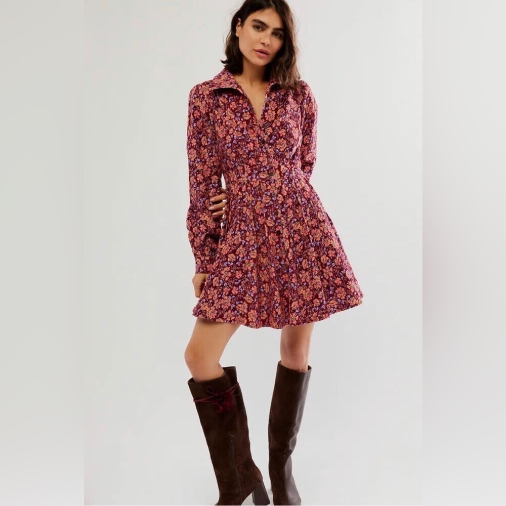 NEW Free People Floral Corduroy Mini Long Sleeve Dress